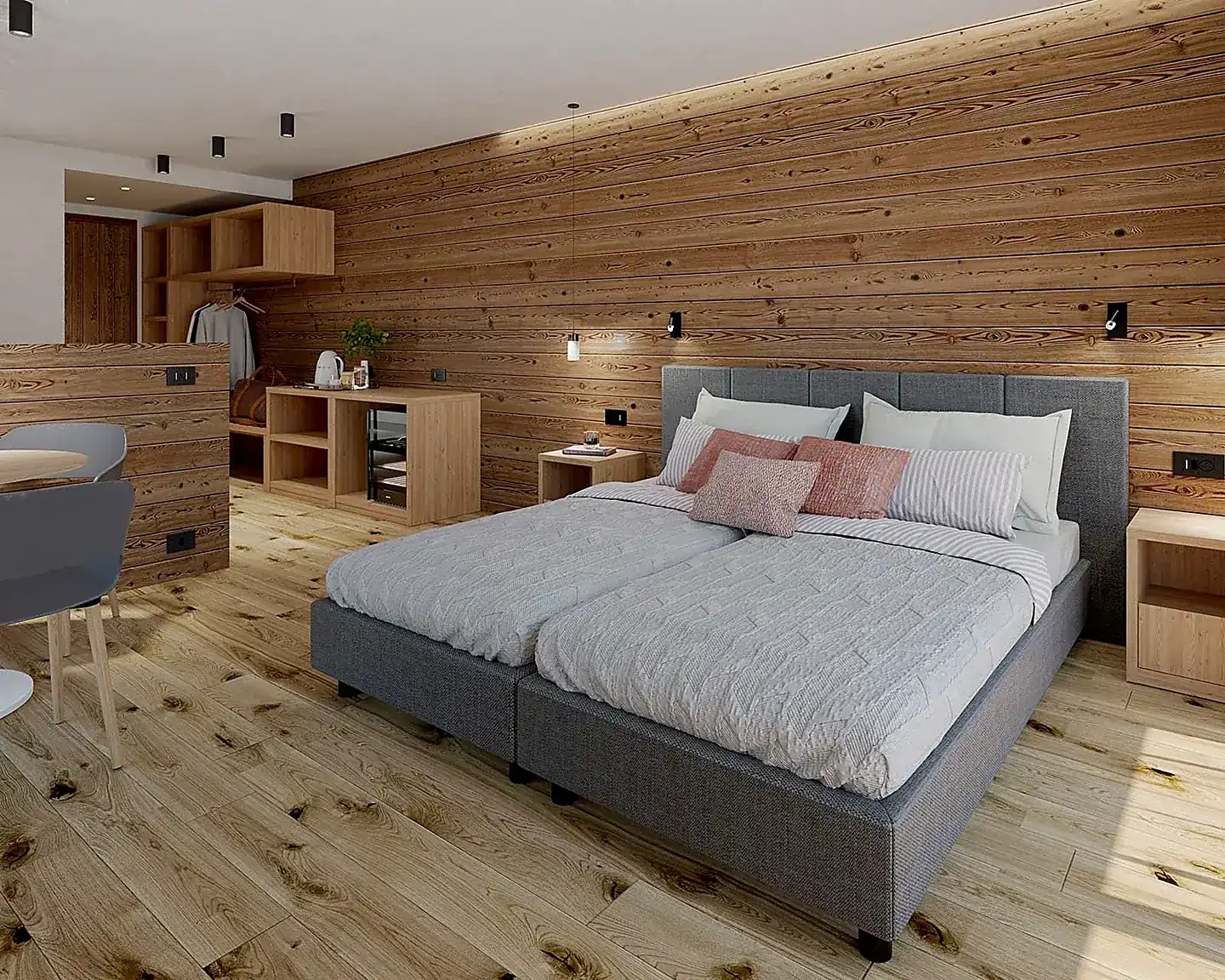 Camera da letto con boiserie in legno naturale e tessili dai toni caldi, progetto di Ylenia Pomodoro
