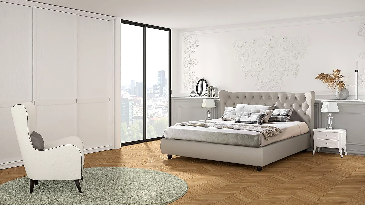 Camera da letto in stile classico contemporaneo con letto imbottito e parquet a spina di pesce