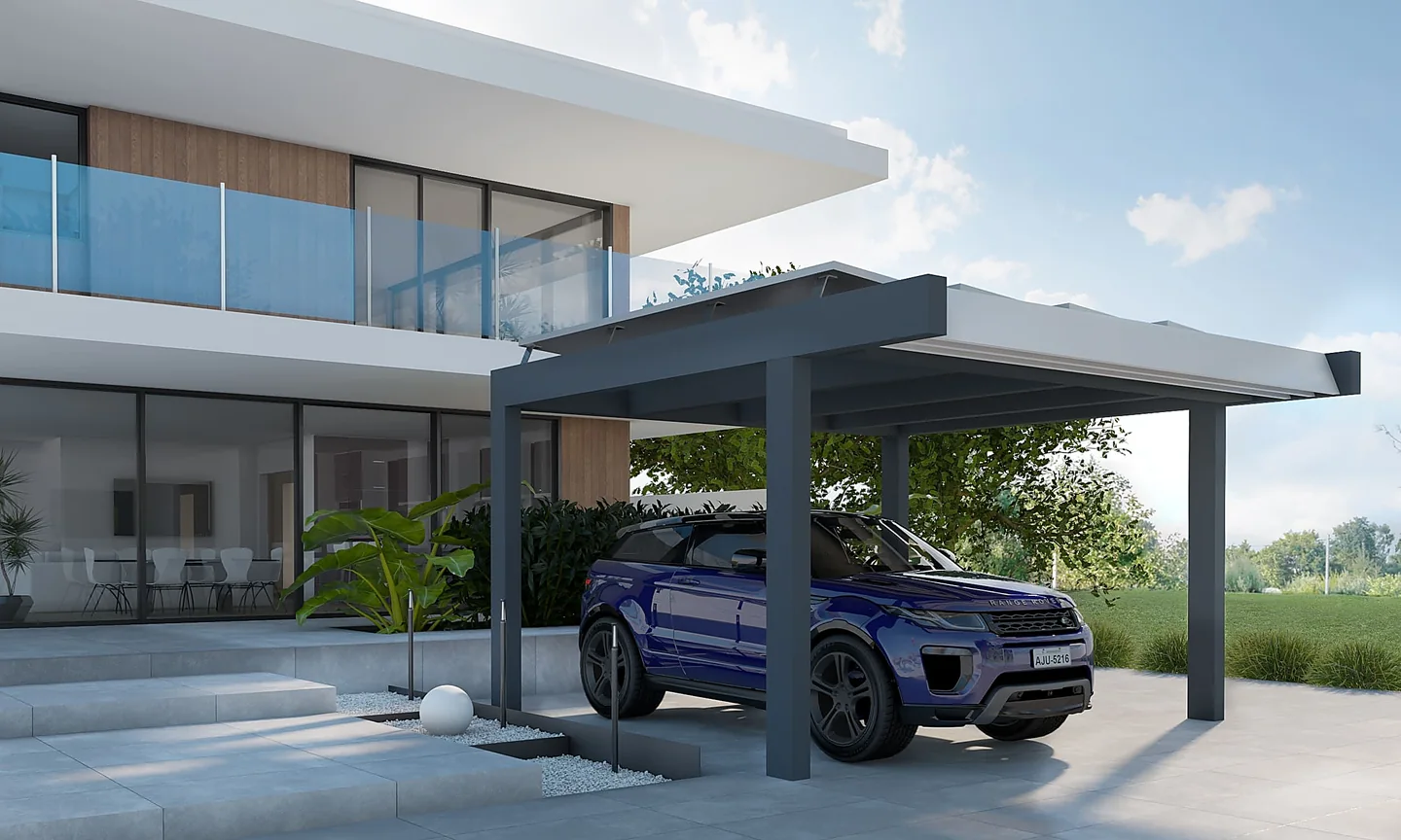 Render esterno di una villa moderna con carport, progetto per il settore immobiliare