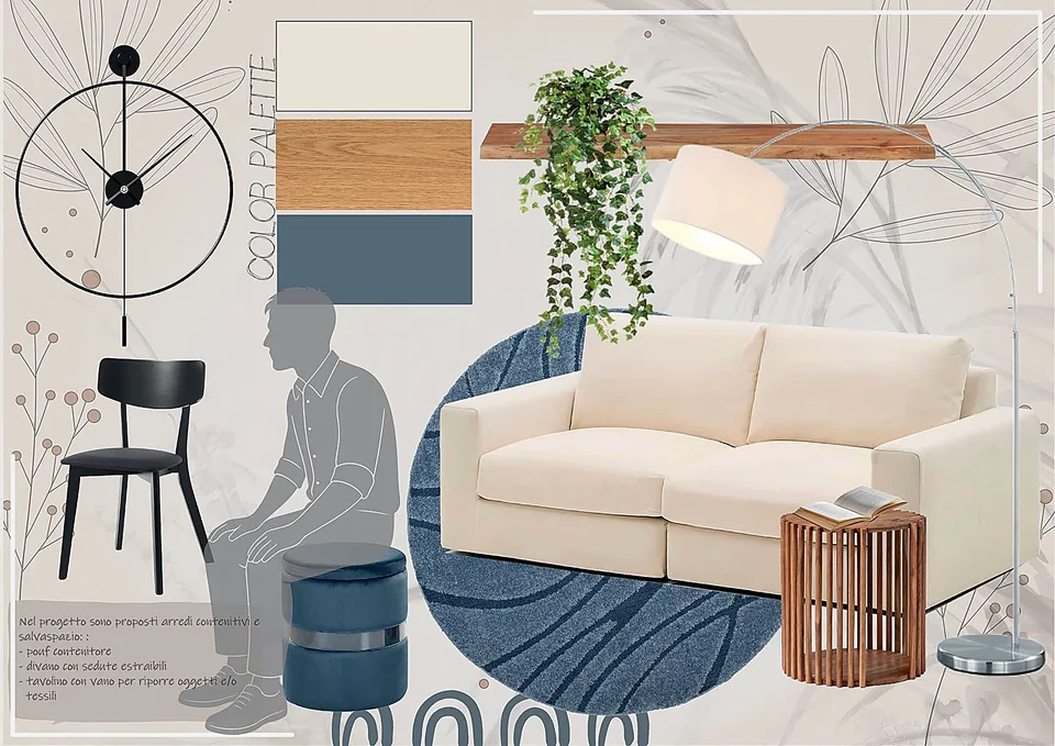 Moodboard di interior design con palette colori, materiali e arredi