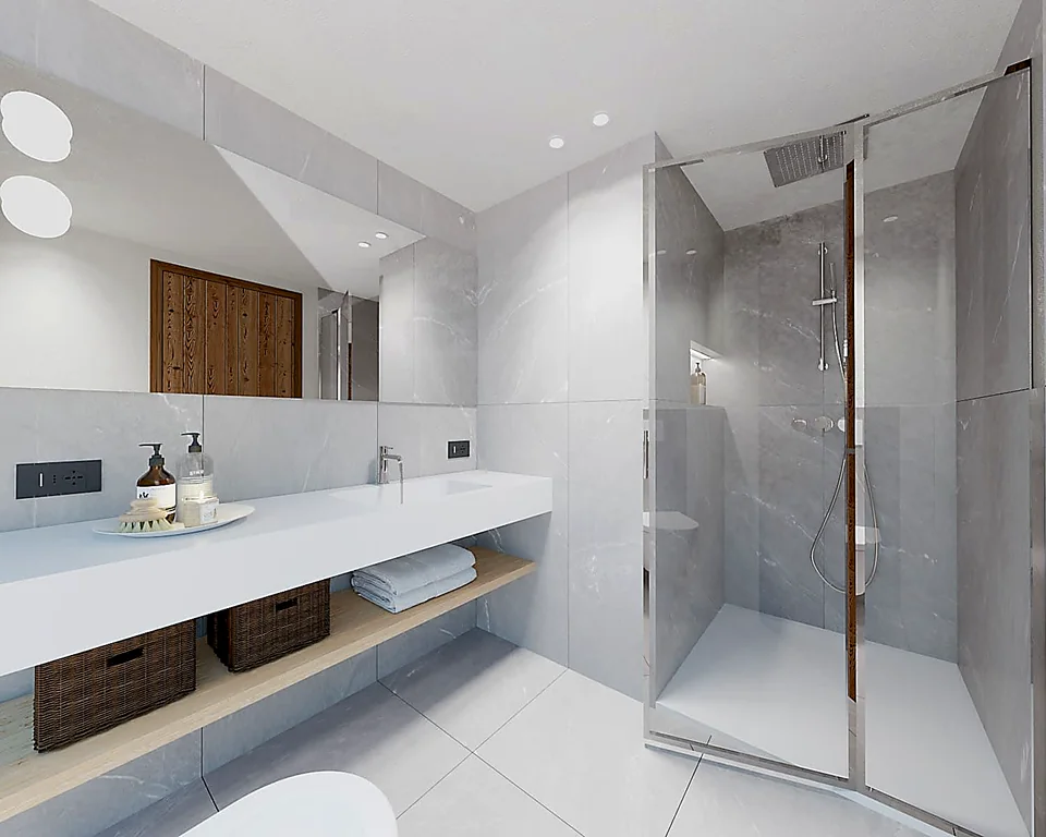 Bagno moderno con doccia in vetro e mensola lavabo sospesa